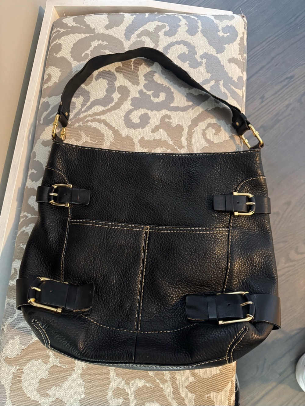 Michael Kors, pebbled Black Leather‎ Shoulder Bag with Gold Buckle Accents